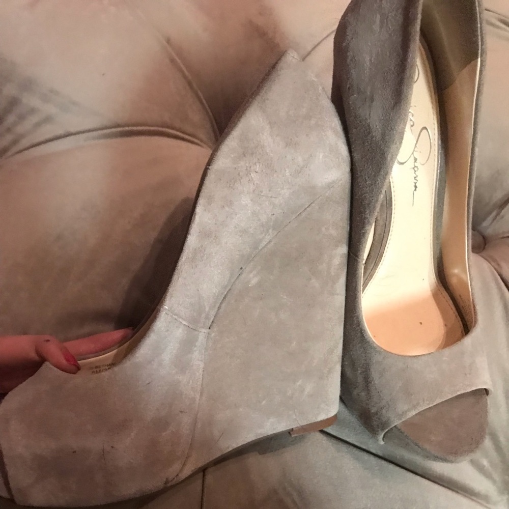 Jessica Simpson suede like peep toe wedge 8